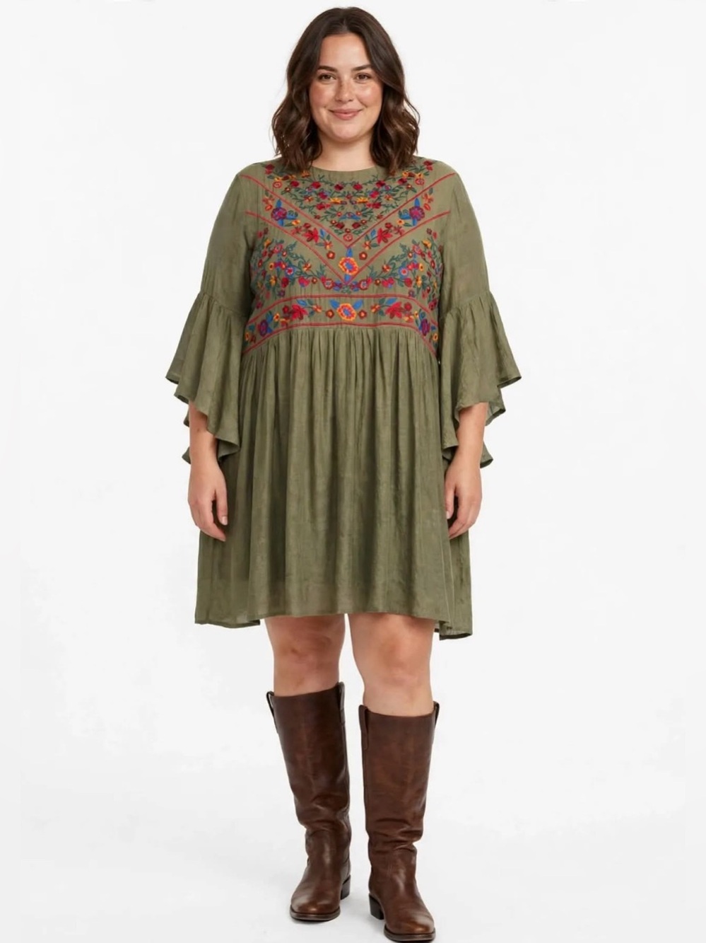 UMGEE Large Embroidered Bell Sleeve Babydoll Mini Dress Olive Sage Boho NWT